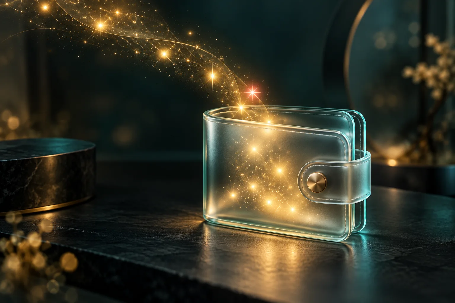 Transparente Wallet mit goldenen Wunschfunken