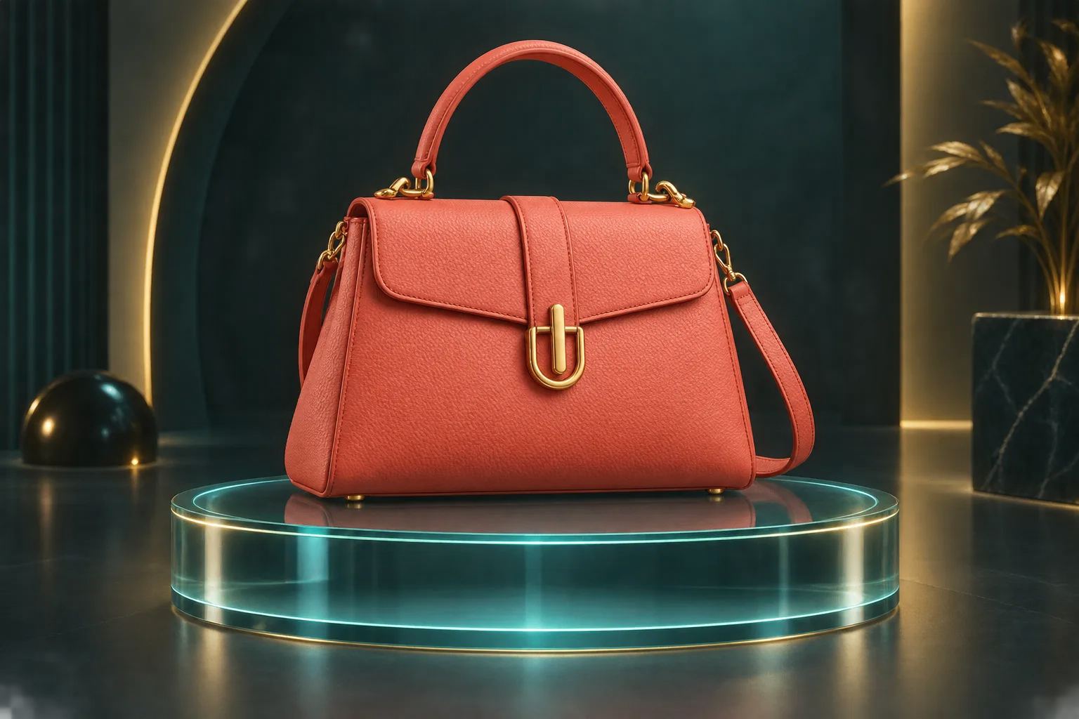 Korallfarbene Tasche auf transparenter Arezio Bühne
